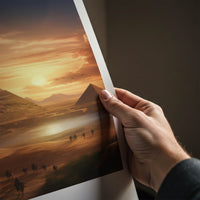 Giza Poster - Egypt Travel Art - Caravan Desert Sunset Home Decor