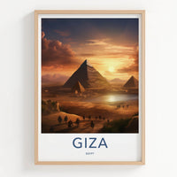 Giza Poster - Egypt Travel Art - Caravan Desert Sunset Home Decor