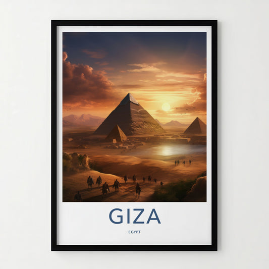Giza Poster - Egypt Travel Art - Caravan Desert Sunset Home Decor