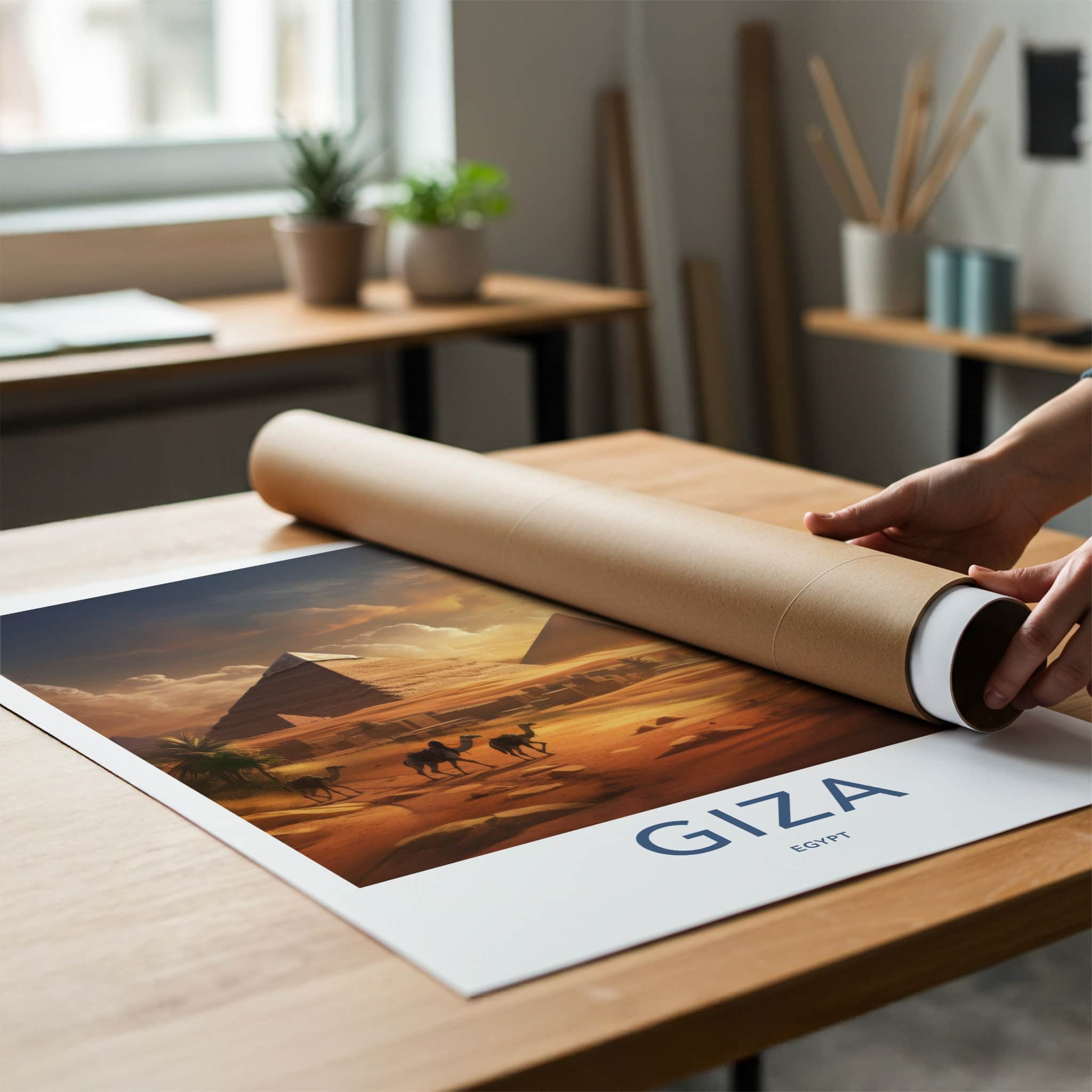 Giza Poster - Egypt Travel Art - Golden Desert Pyramids Home Decor