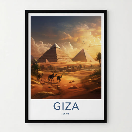 Giza Poster - Egypt Travel Art - Golden Desert Pyramids Home Decor