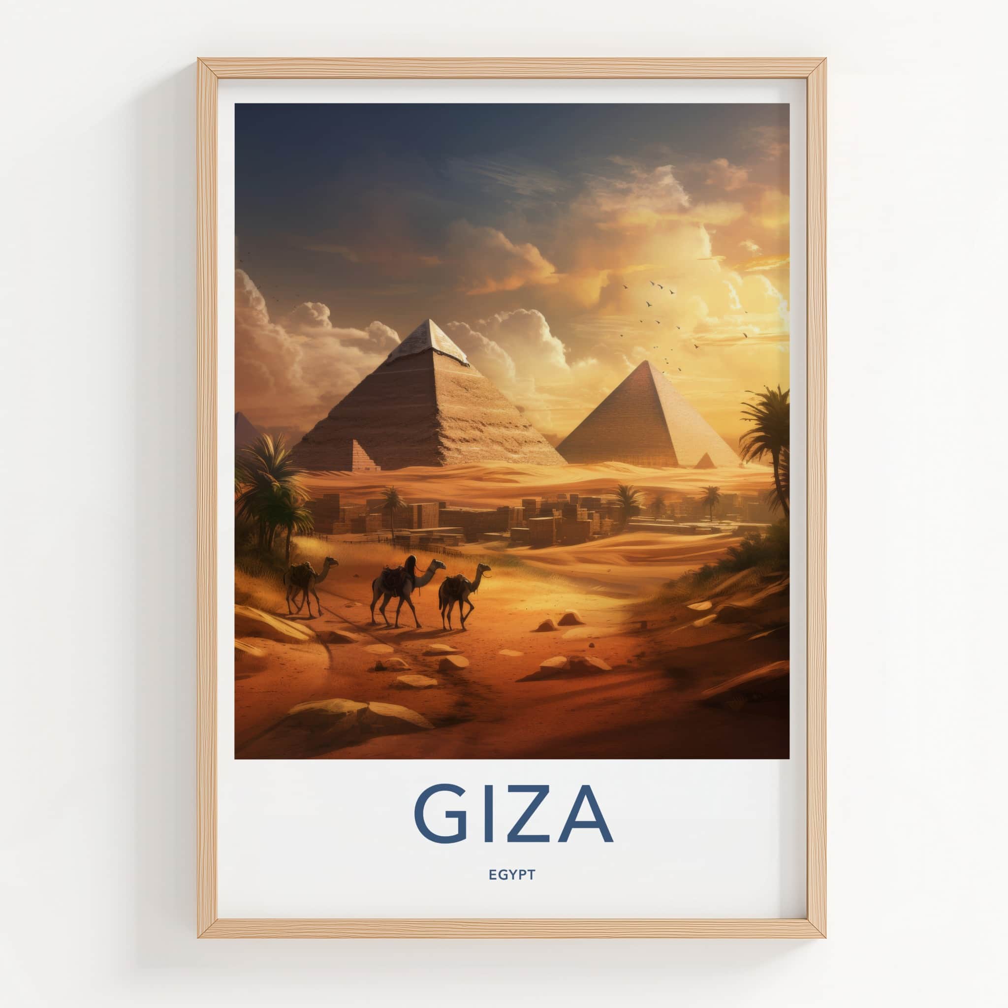 Giza Poster - Egypt Travel Art - Golden Desert Pyramids Home Decor