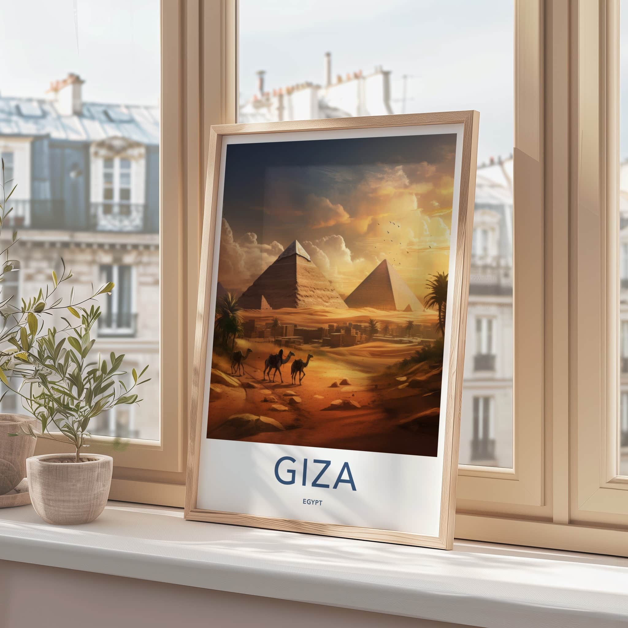 Giza Poster - Egypt Travel Art - Golden Desert Pyramids Home Decor