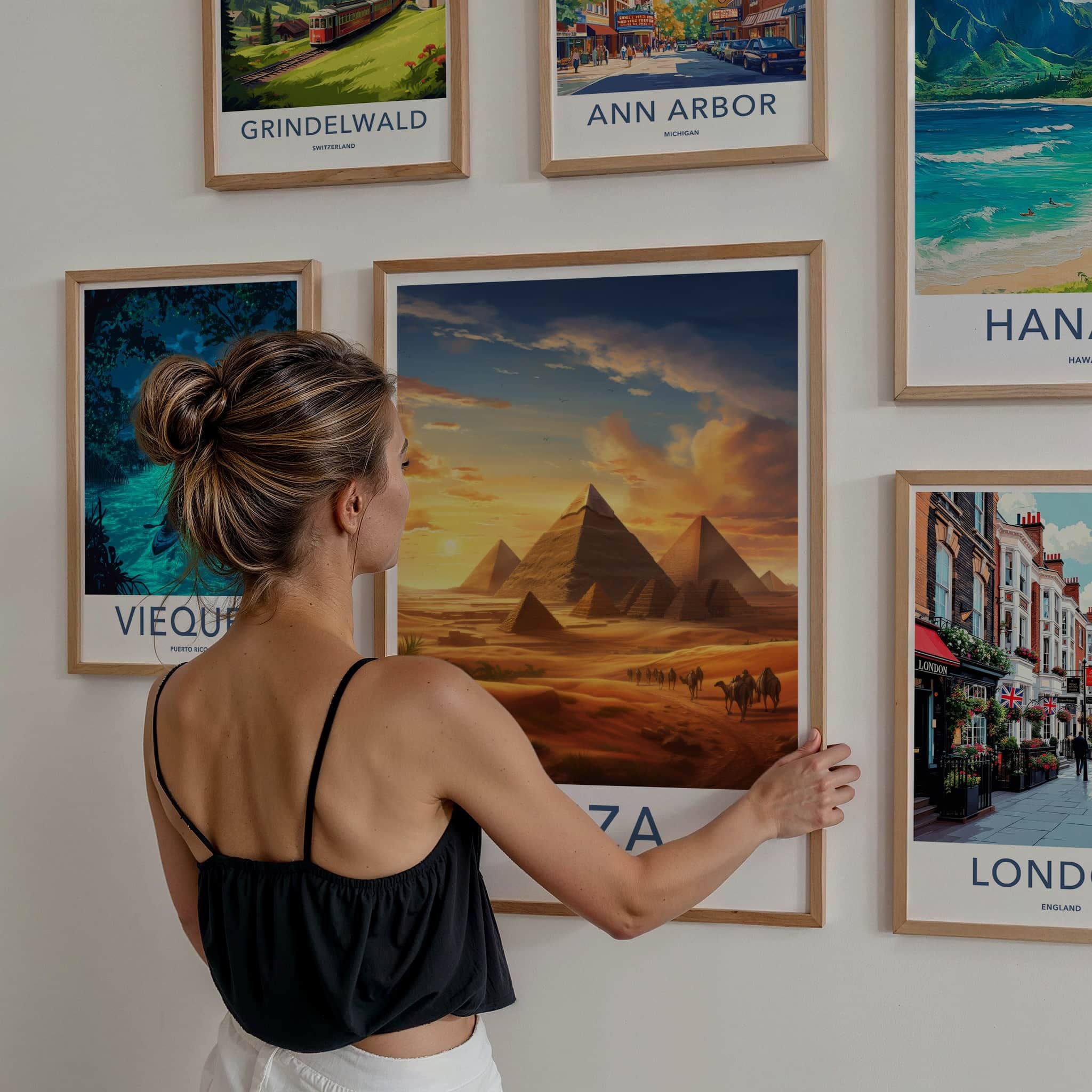 Giza Poster - Egypt Travel Art - Sunset Desert Pyramids Home Decor