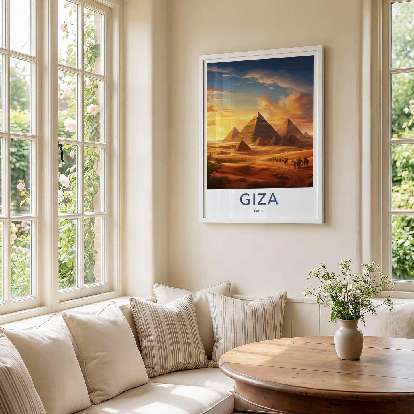 Giza Poster - Egypt Travel Art - Sunset Desert Pyramids Home Decor