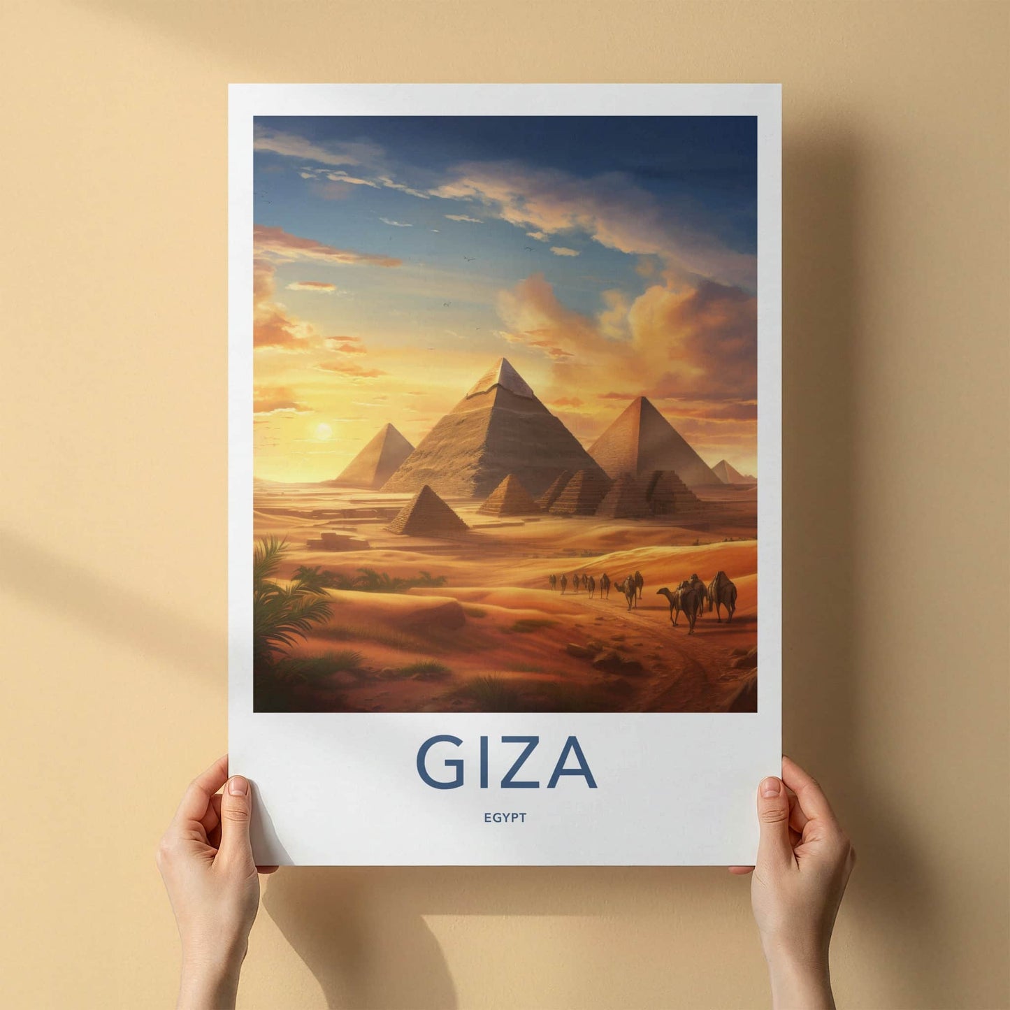 Giza Poster - Egypt Travel Art - Sunset Desert Pyramids Home Decor