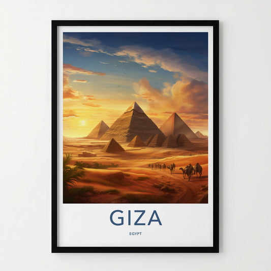 Giza Poster - Egypt Travel Art - Sunset Desert Pyramids Home Decor