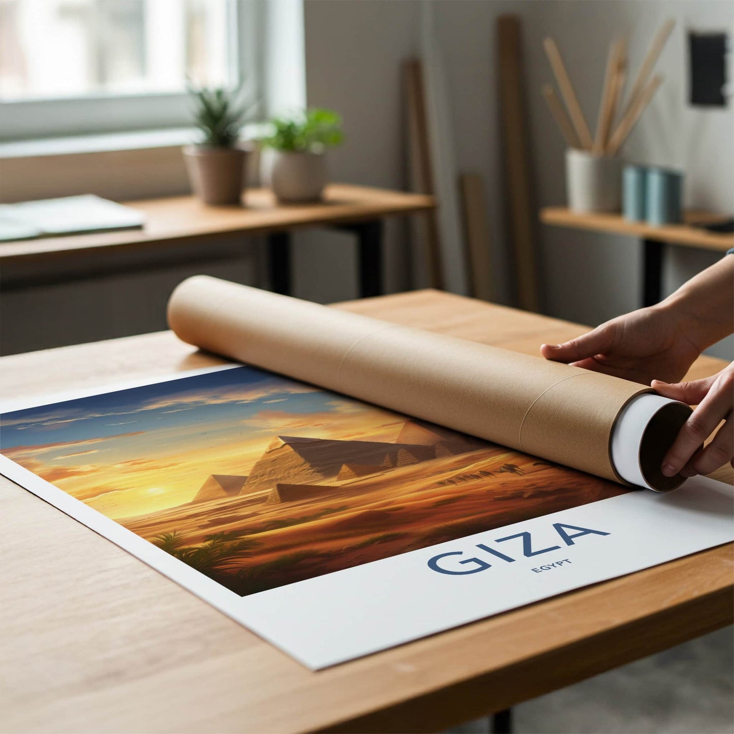 Giza Poster - Egypt Travel Art - Sunset Desert Pyramids Home Decor