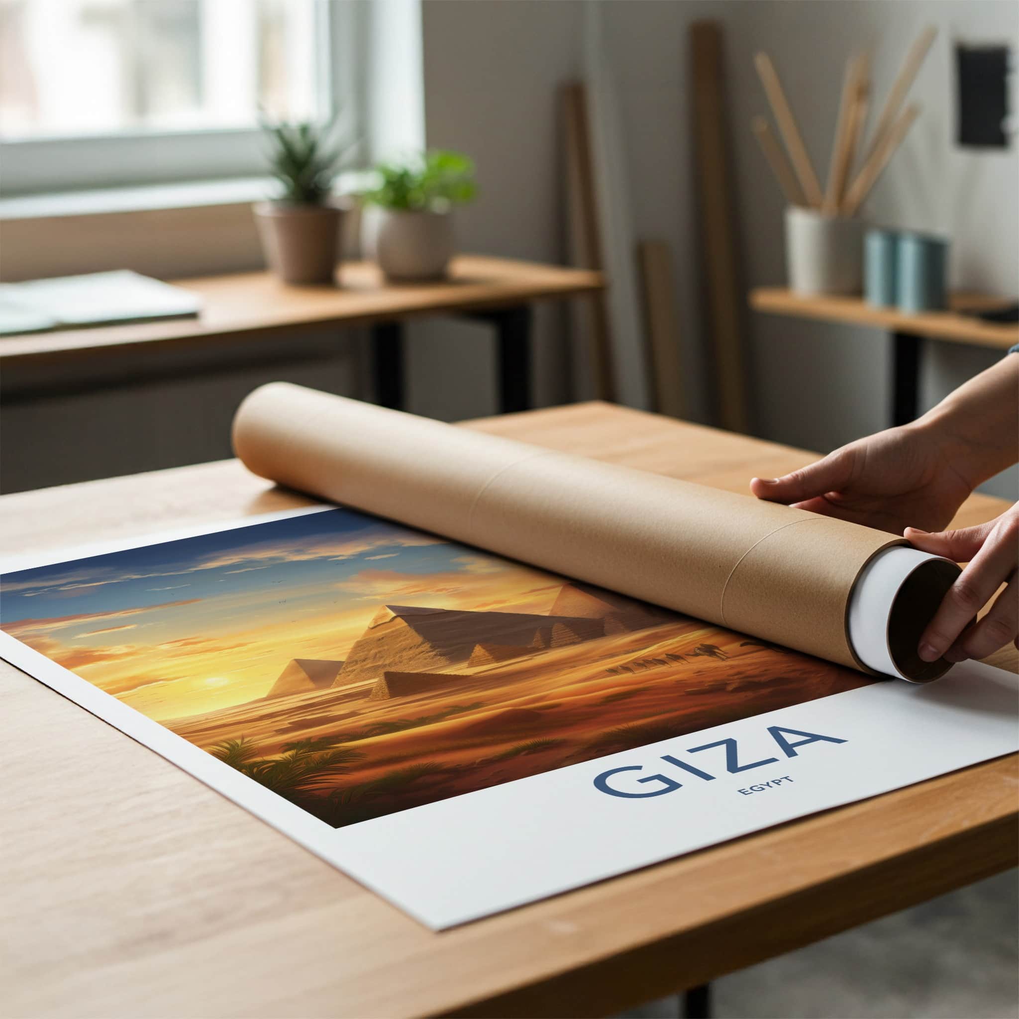 Giza Poster - Egypt Travel Art - Sunset Desert Pyramids Home Decor