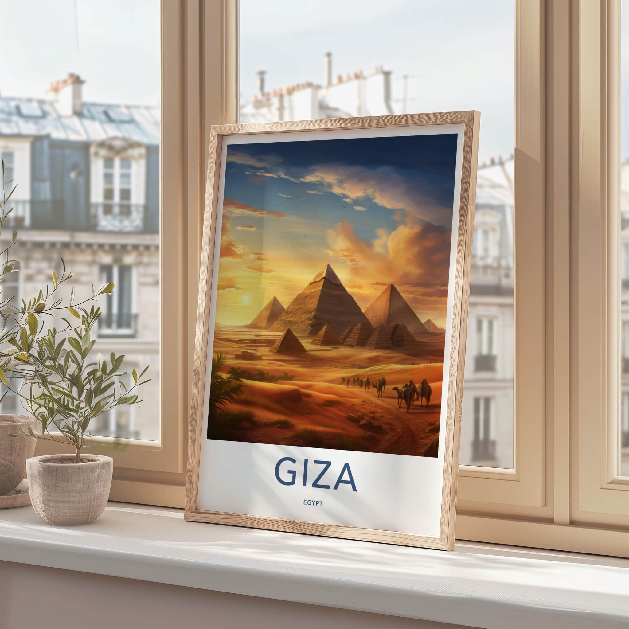 Giza Poster - Egypt Travel Art - Sunset Desert Pyramids Home Decor