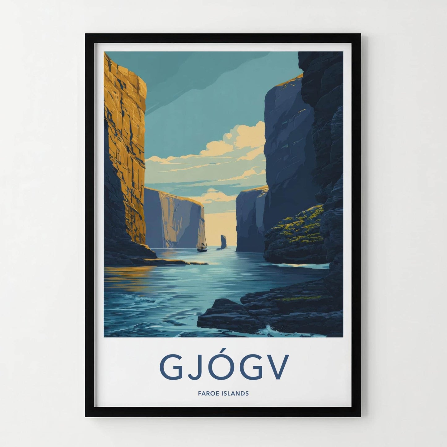 Gjogv Poster - Faroe Islands Travel Art - Narrow Fjord Channel Home Decor