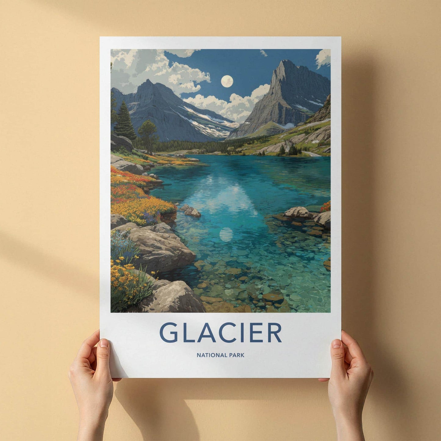 Glacier National Park Poster - Montana Travel Art - Lake Mountains Moon Home Decor
