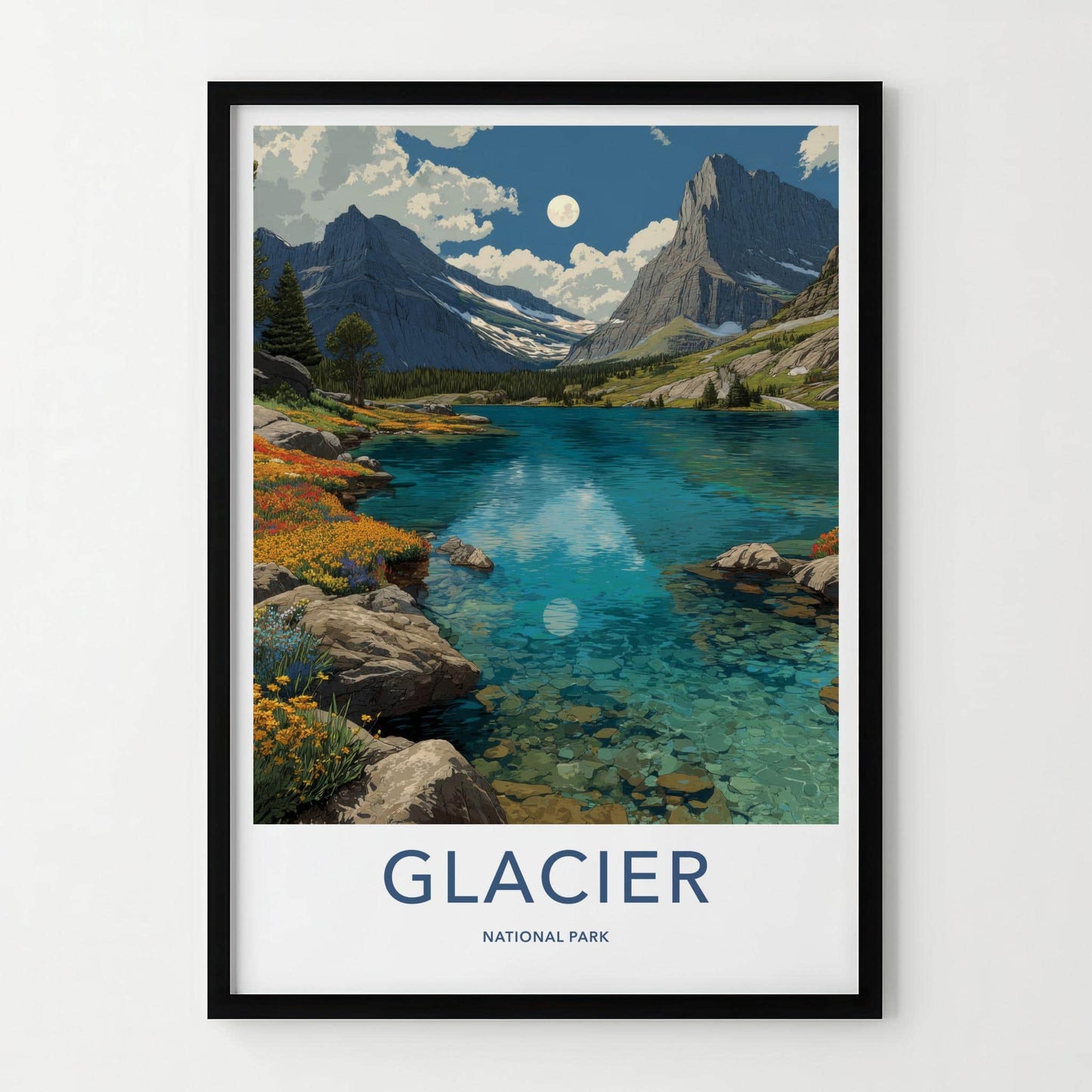 Glacier National Park Poster - Montana Travel Art - Lake Mountains Moon Home Decor