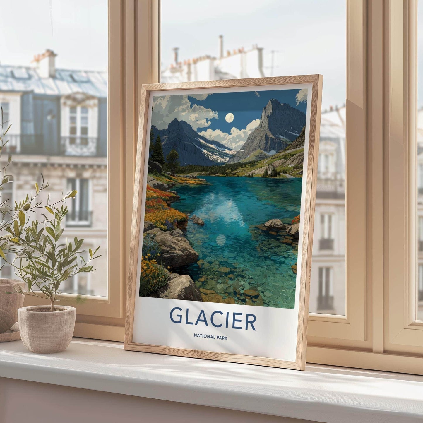 Glacier National Park Poster - Montana Travel Art - Lake Mountains Moon Home Decor
