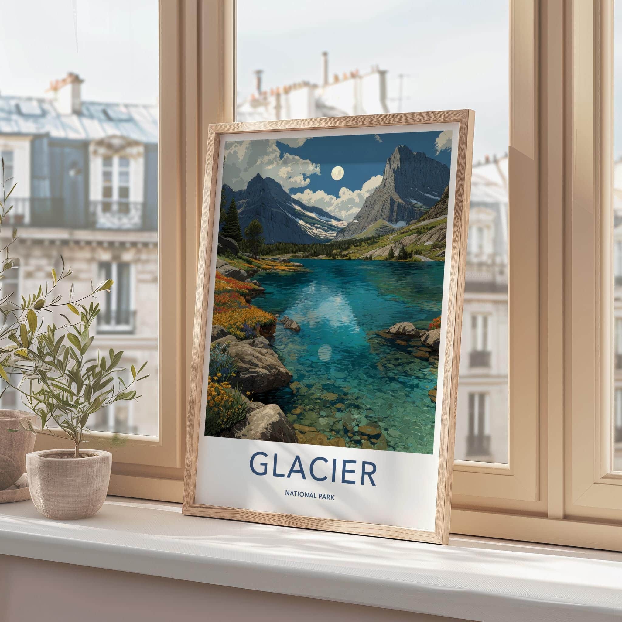 Glacier National Park Poster - Montana Travel Art - Lake Mountains Moon Home Decor