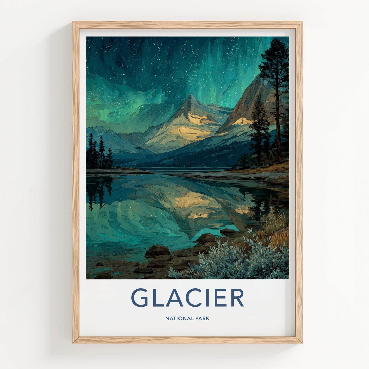 Glacier National Park Poster - Montana Travel Art - Starry Lake Reflection Home Decor