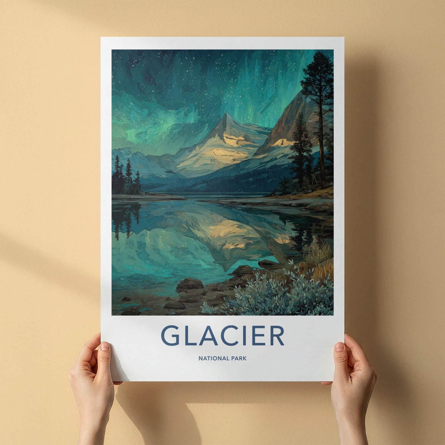 Glacier National Park Poster - Montana Travel Art - Starry Lake Reflection Home Decor