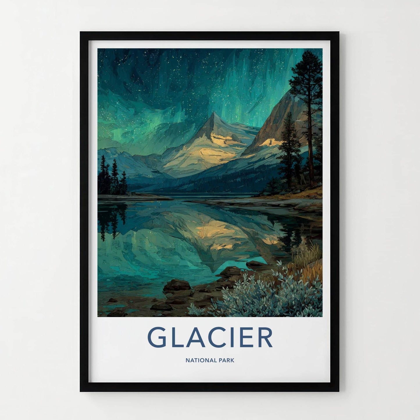 Glacier National Park Poster - Montana Travel Art - Starry Lake Reflection Home Decor