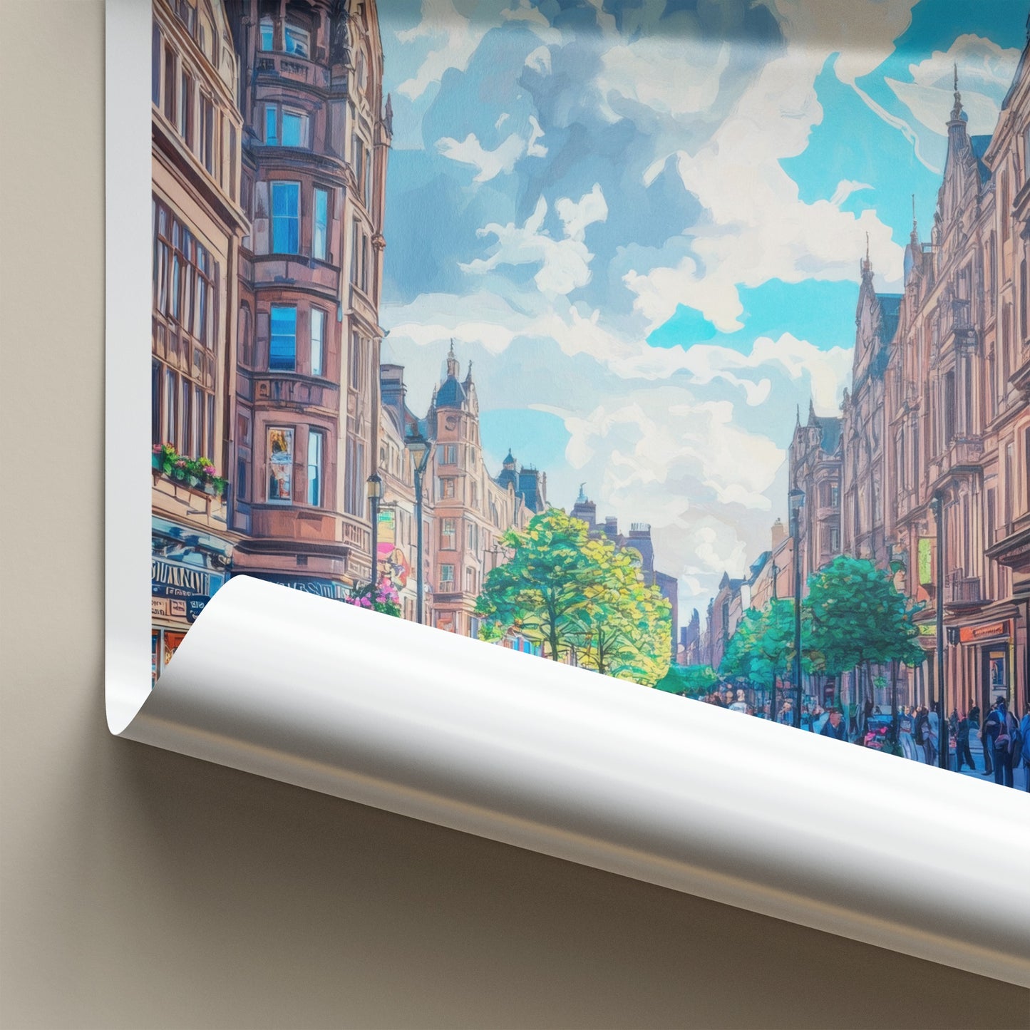 Glasgow Poster - Scotland Travel Art - Bustling City Street Home Decor