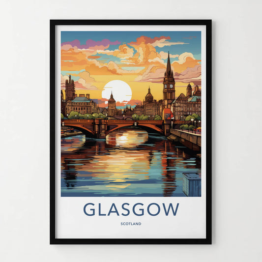 Glasgow Poster - Scotland Travel Art - River City Sunset Home Decor
