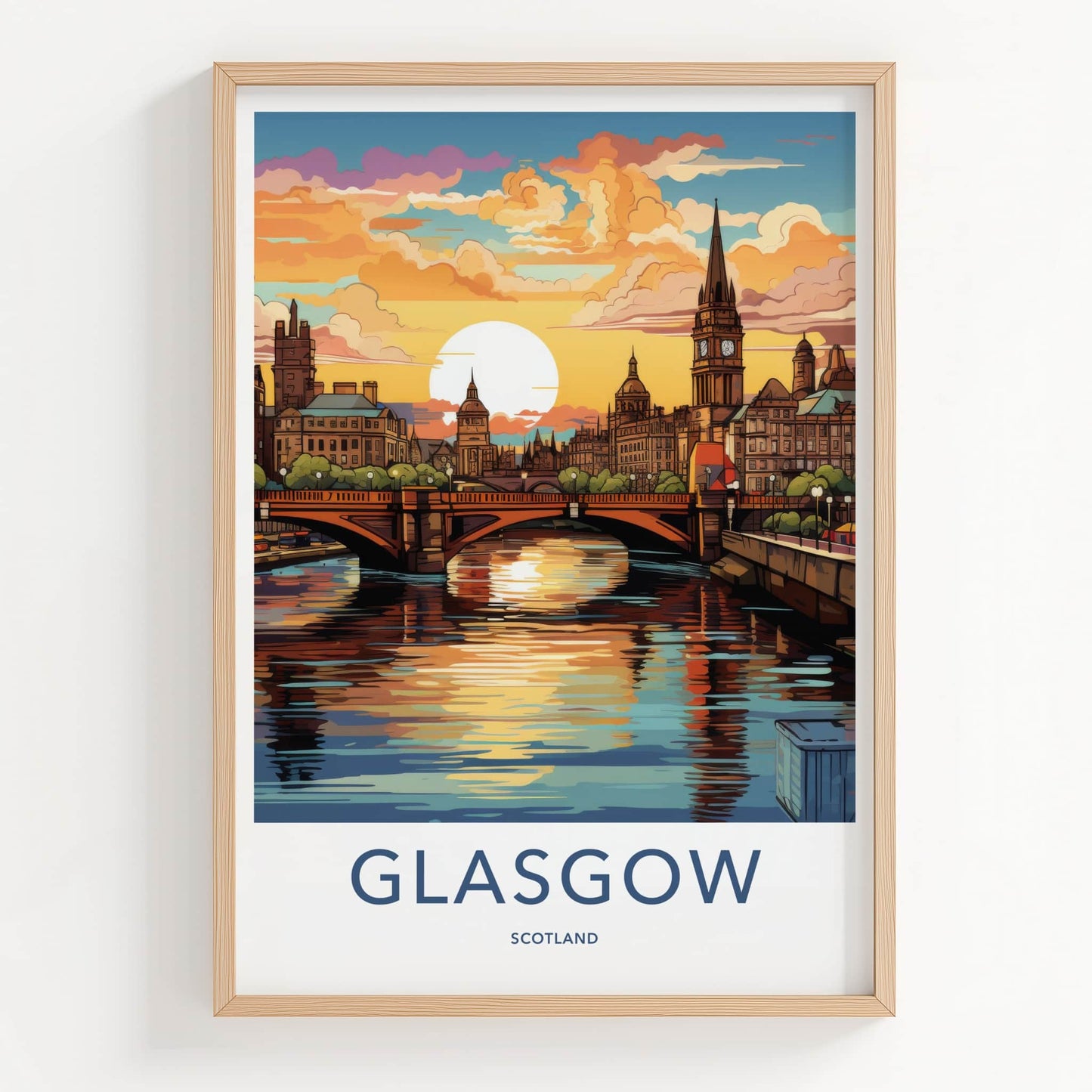 Glasgow Poster - Scotland Travel Art - River City Sunset Home Decor