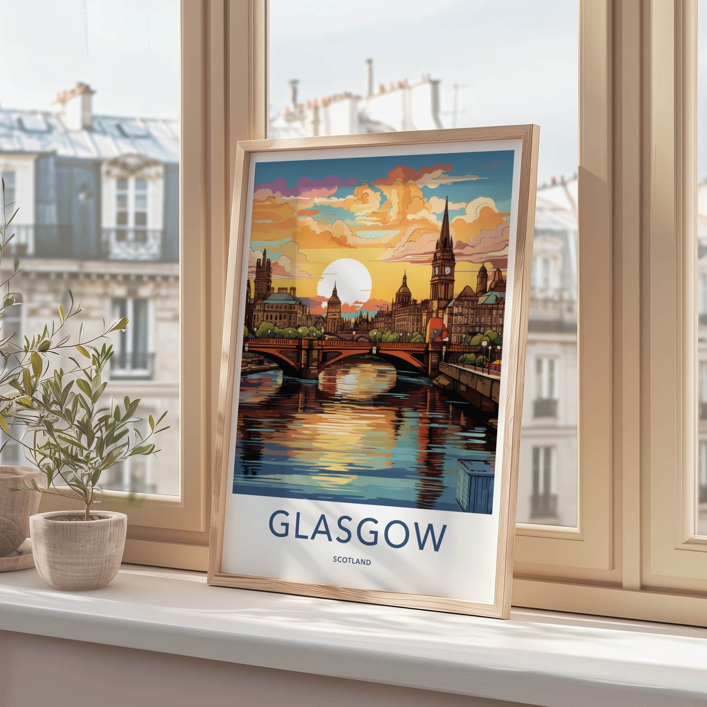 Glasgow Poster - Scotland Travel Art - River City Sunset Home Decor