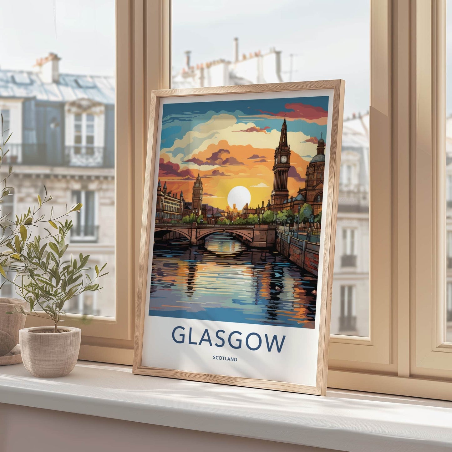Glasgow Poster - Scotland Travel Art - Vibrant Sunset City Home Decor