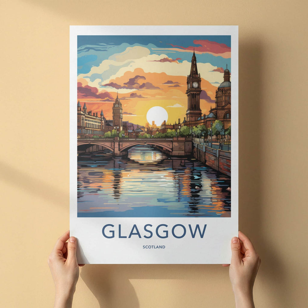 Glasgow Poster - Scotland Travel Art - Vibrant Sunset City Home Decor