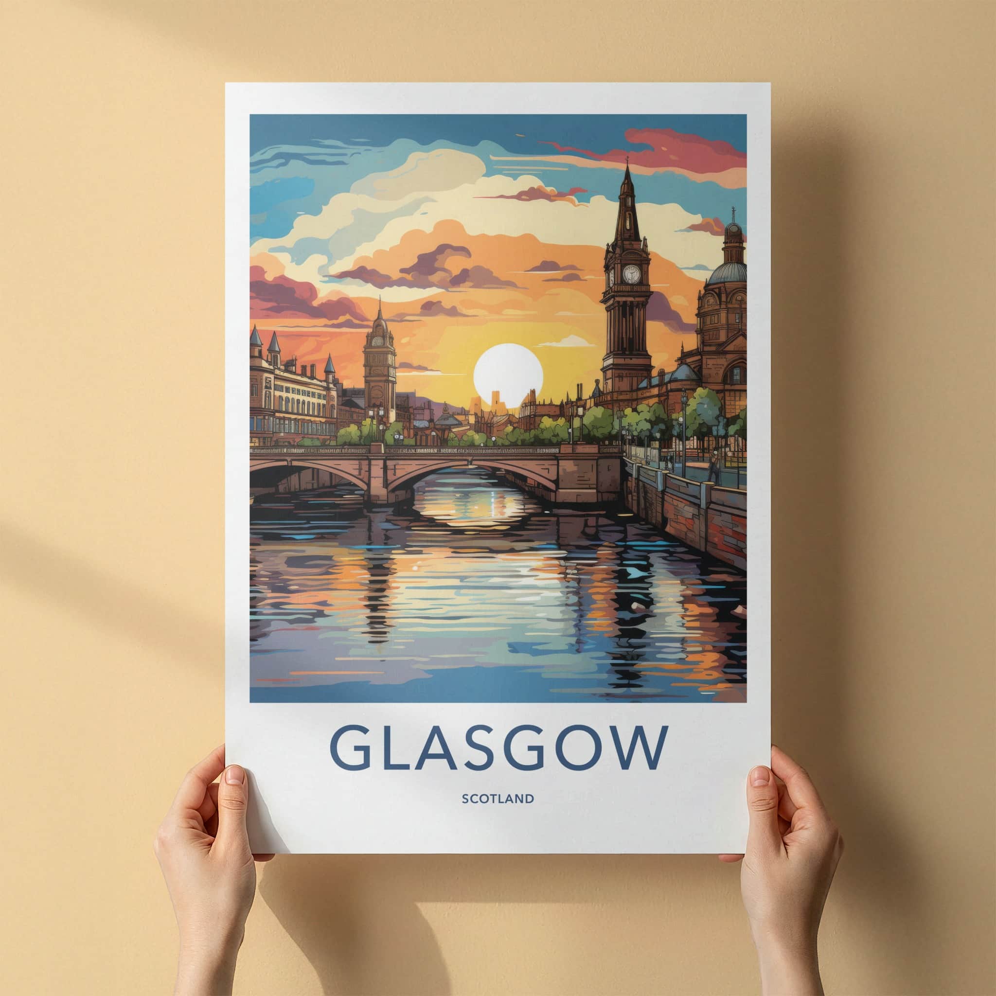 Glasgow Poster - Scotland Travel Art - Vibrant Sunset City Home Decor