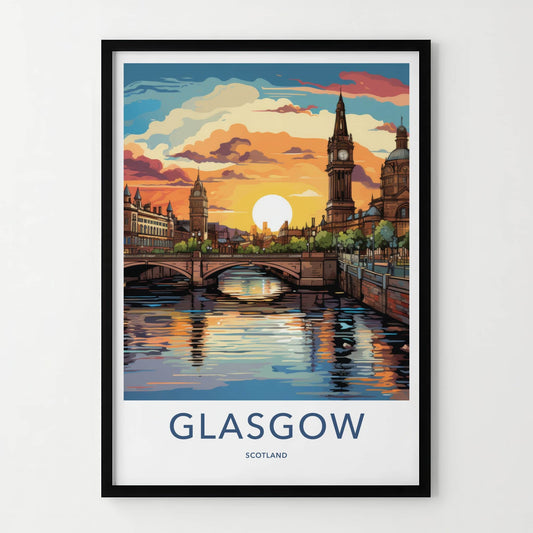 Glasgow Poster - Scotland Travel Art - Vibrant Sunset City Home Decor