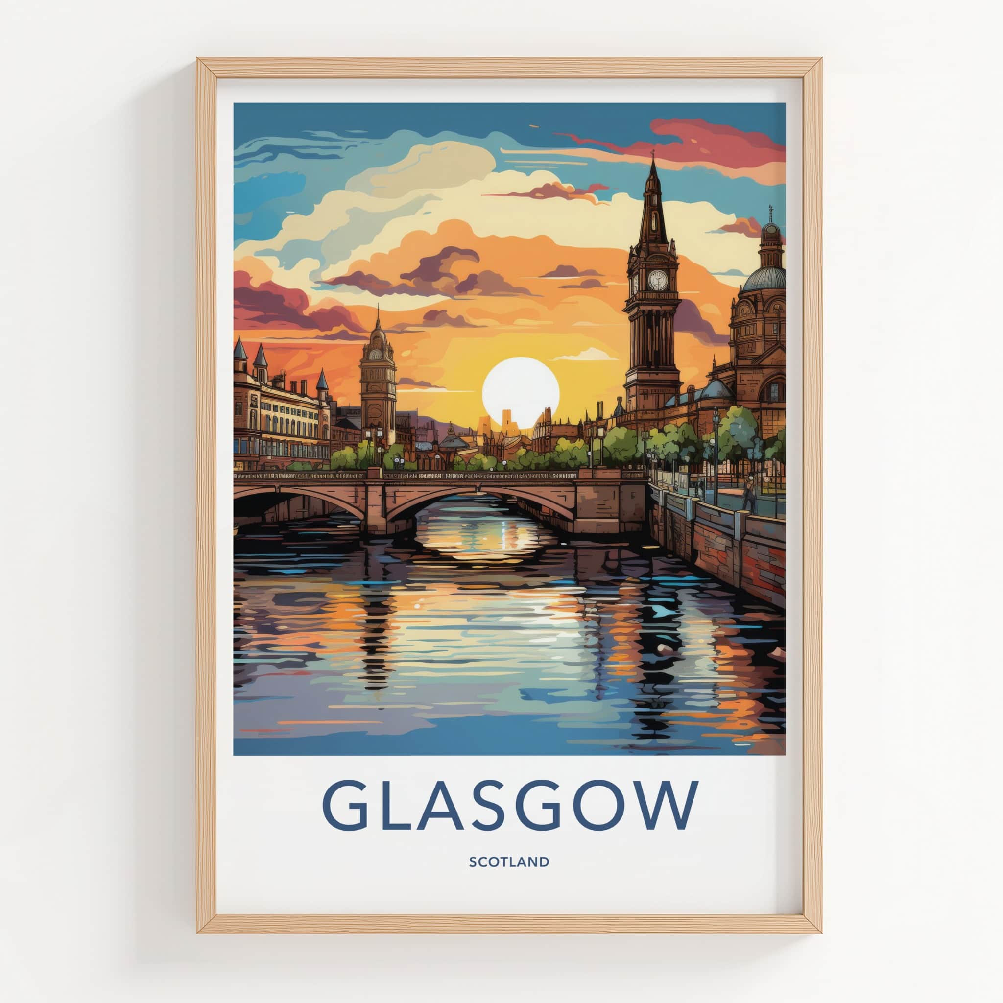Glasgow Poster - Scotland Travel Art - Vibrant Sunset City Home Decor
