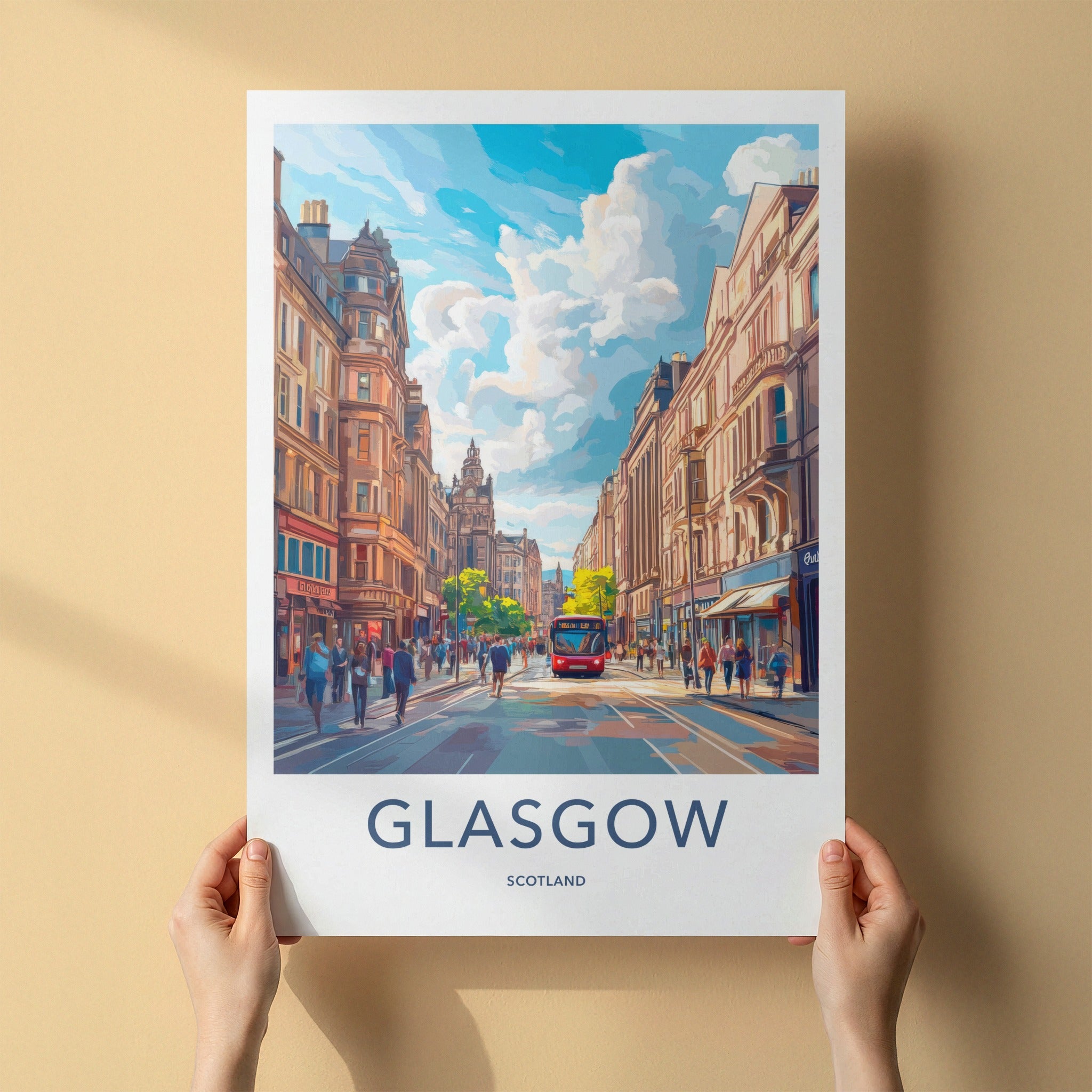 Glasgow Poster - Scotland Wall Art - Red Bus Streetscape Home Decor