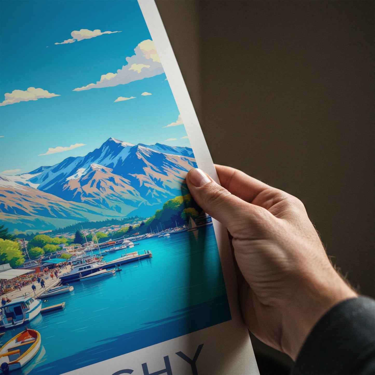 Glenorchy Poster - New Zealand Art Print - Lakeside Mountain Town Wall Decor