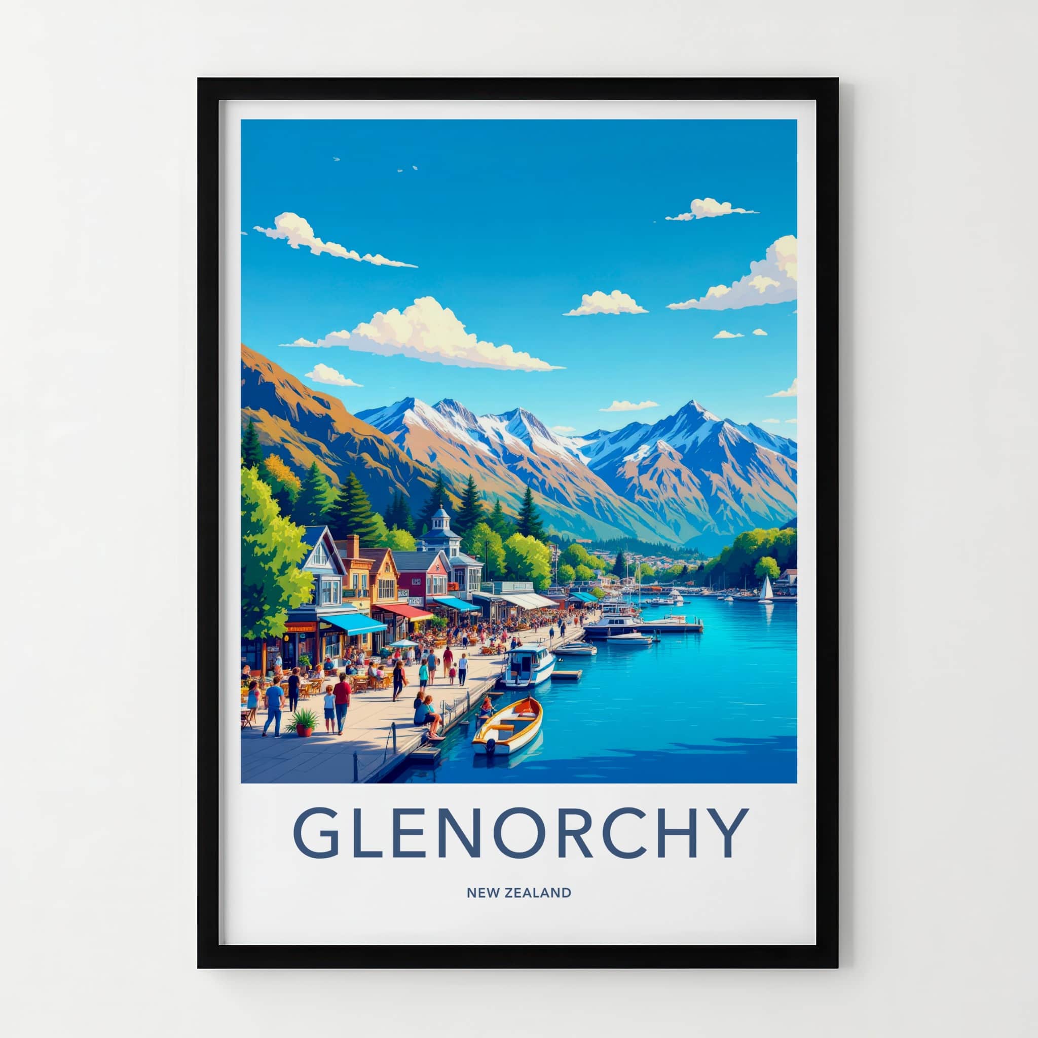 Glenorchy Poster - New Zealand Art Print - Lakeside Mountain Town Wall Decor