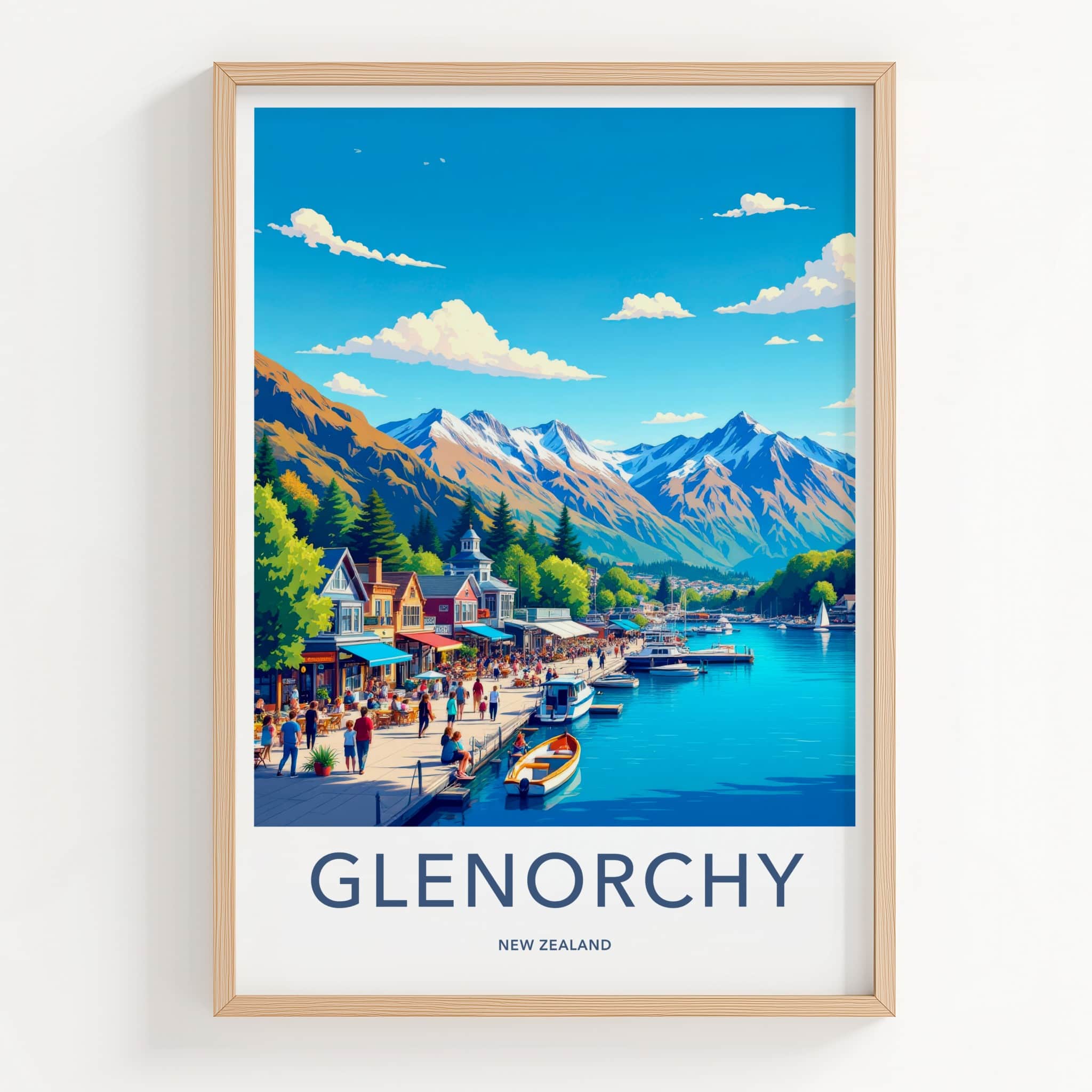 Glenorchy Poster - New Zealand Art Print - Lakeside Mountain Town Wall Decor
