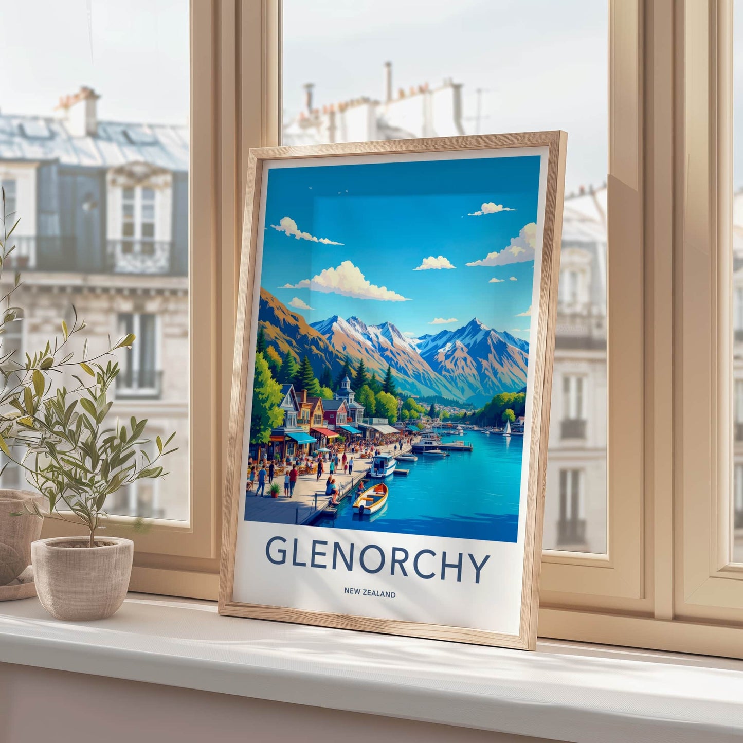 Glenorchy Poster - New Zealand Art Print - Lakeside Mountain Town Wall Decor