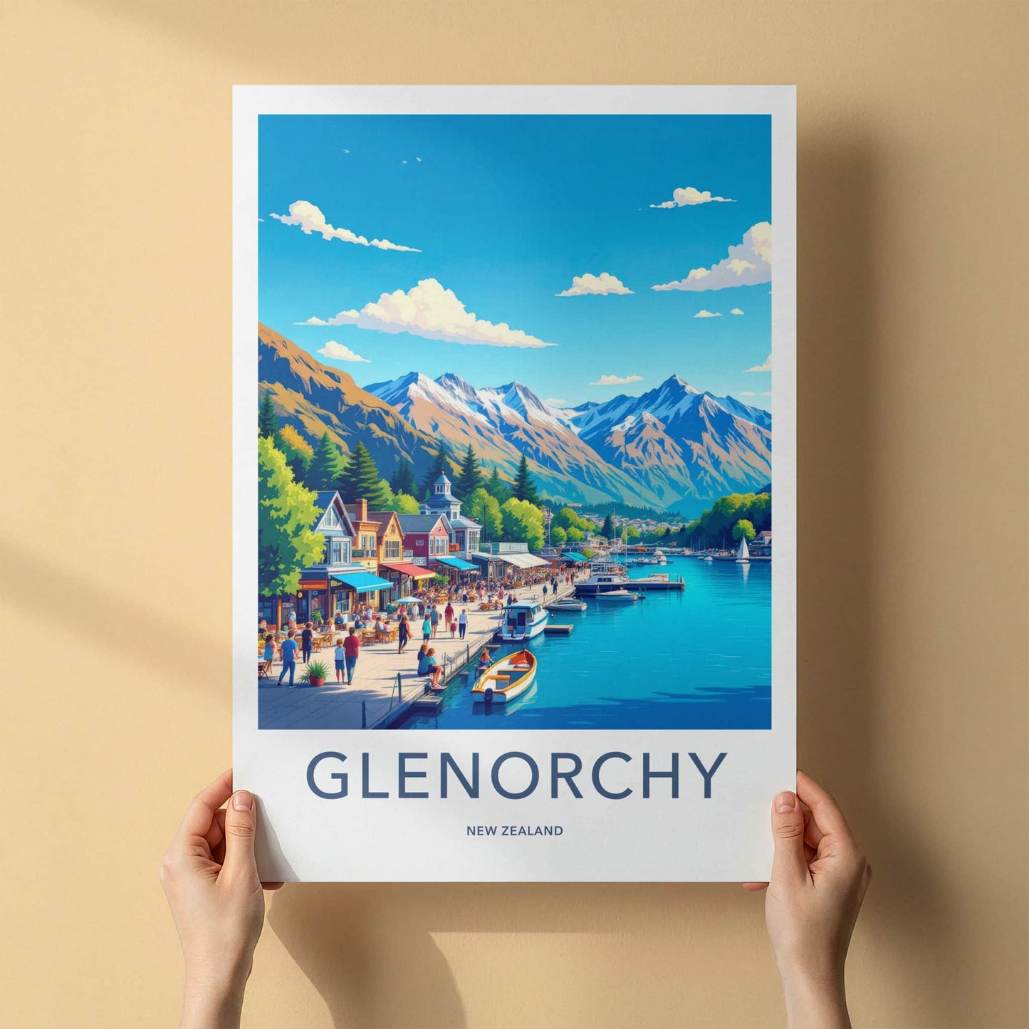 Glenorchy Poster - New Zealand Art Print - Lakeside Mountain Town Wall Decor