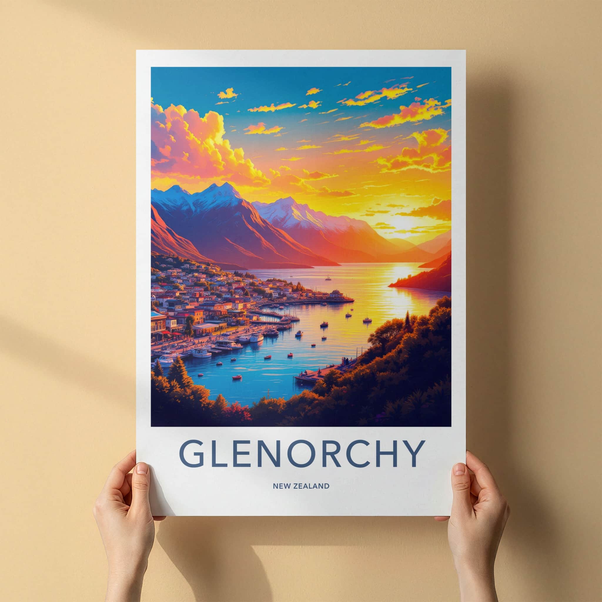 Glenorchy Poster - New Zealand Travel Art - Vibrant Town Sunset Home Decor