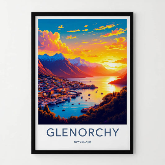 Glenorchy Poster - New Zealand Travel Art - Vibrant Town Sunset Home Decor