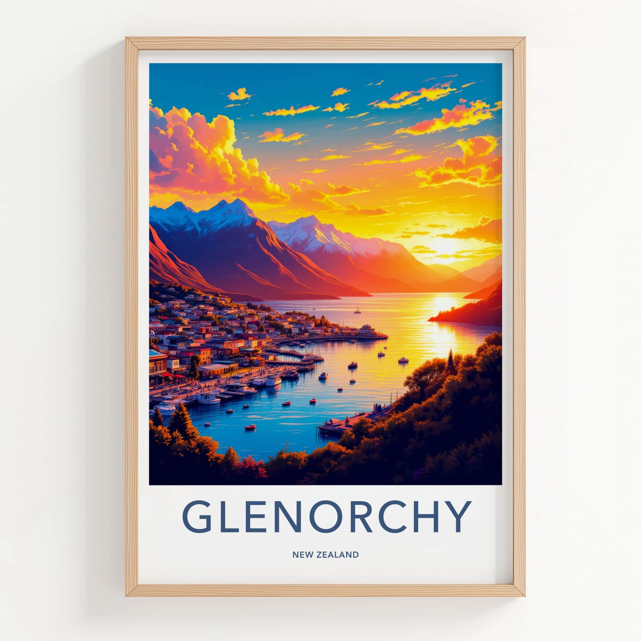 Glenorchy Poster - New Zealand Travel Art - Vibrant Town Sunset Home Decor