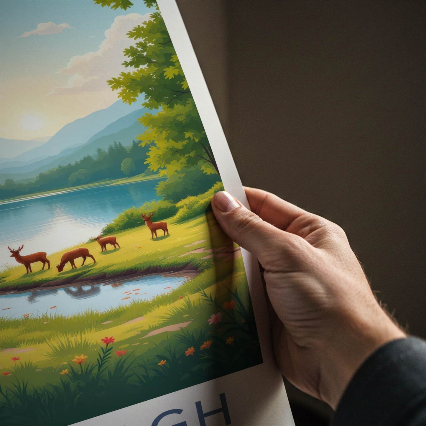 Glenveagh National Park Poster - Ireland Travel Art - Grazing Deer Lakeside Wall Decor