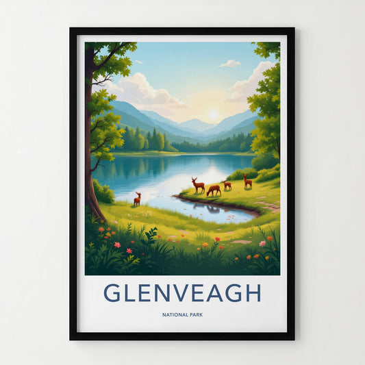 Glenveagh National Park Poster - Ireland Travel Art - Grazing Deer Lakeside Wall Decor