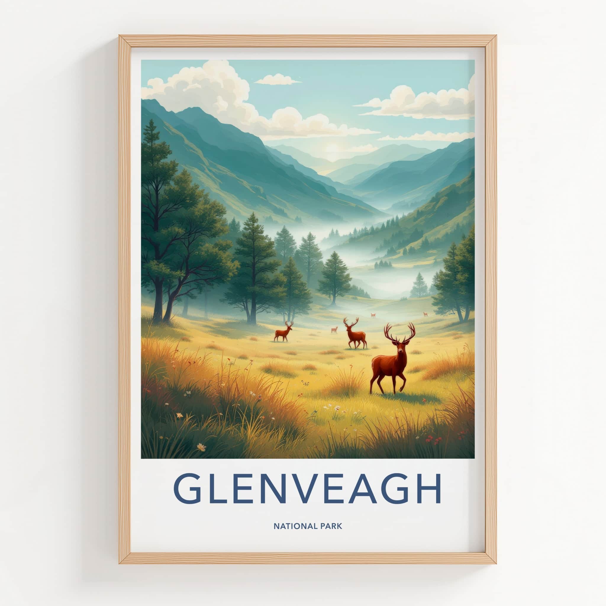 Glenveagh National Park Poster - Ireland Travel Art - Misty Valley Deer Home Decor