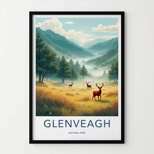 Glenveagh National Park Poster - Ireland Travel Art - Misty Valley Deer Home Decor