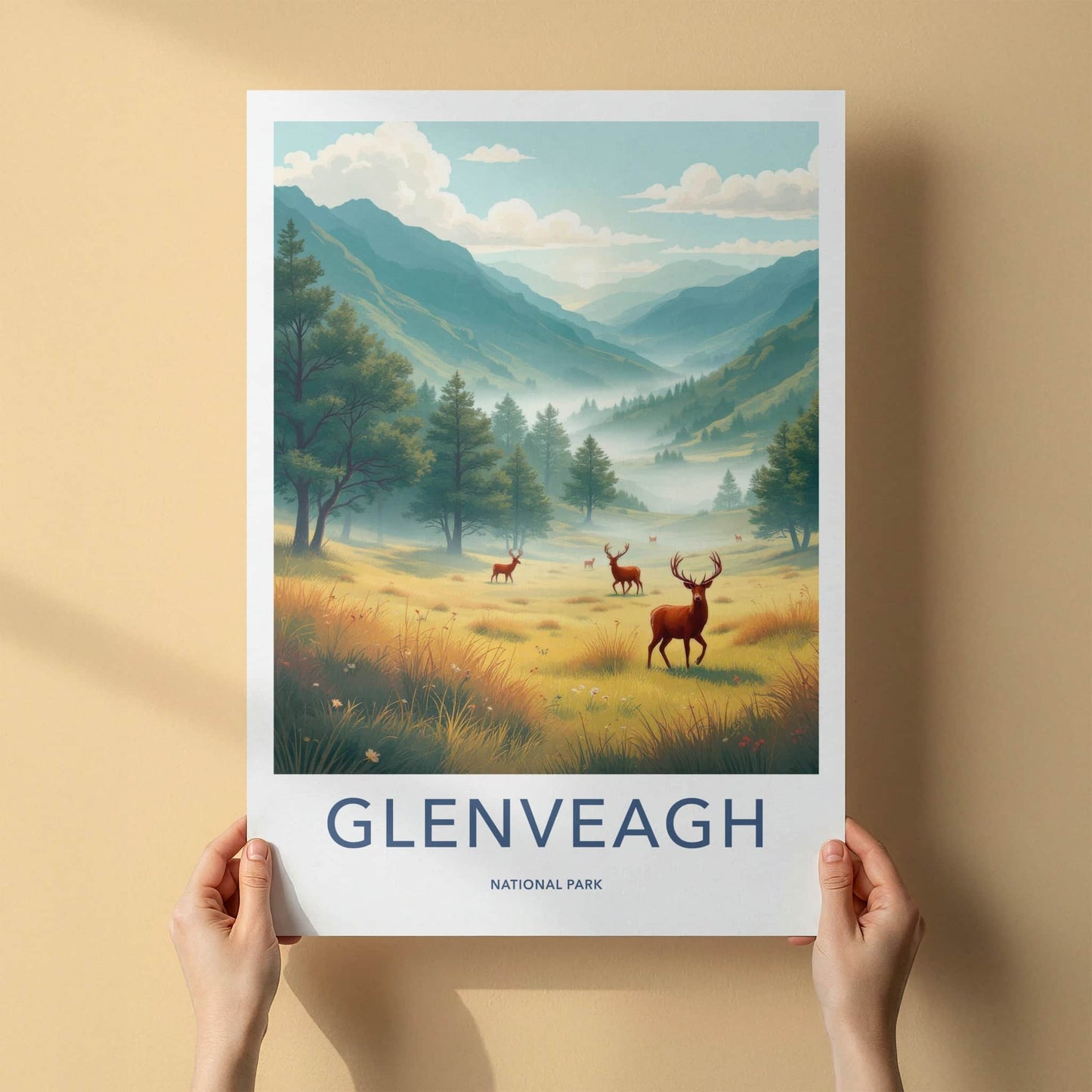 Glenveagh National Park Poster - Ireland Travel Art - Misty Valley Deer Home Decor