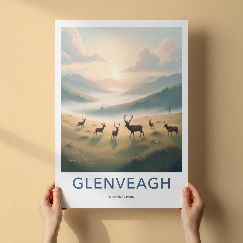 Glenveagh National Park Poster - Ireland Travel Art - Misty Valley Deer Home Decor