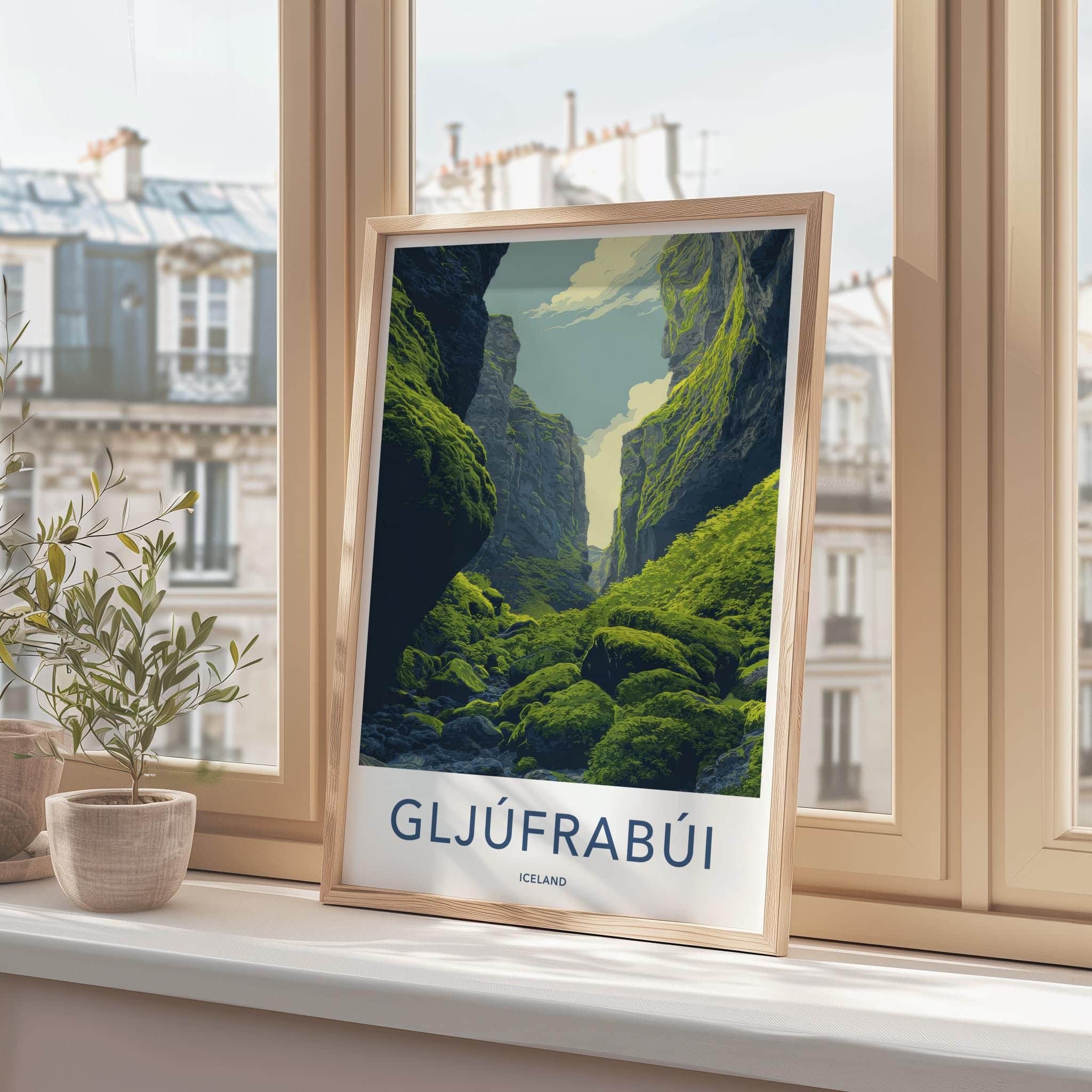 Gljufrabui Poster - Iceland Travel Art - Mossy Green Gorge Wall Decor