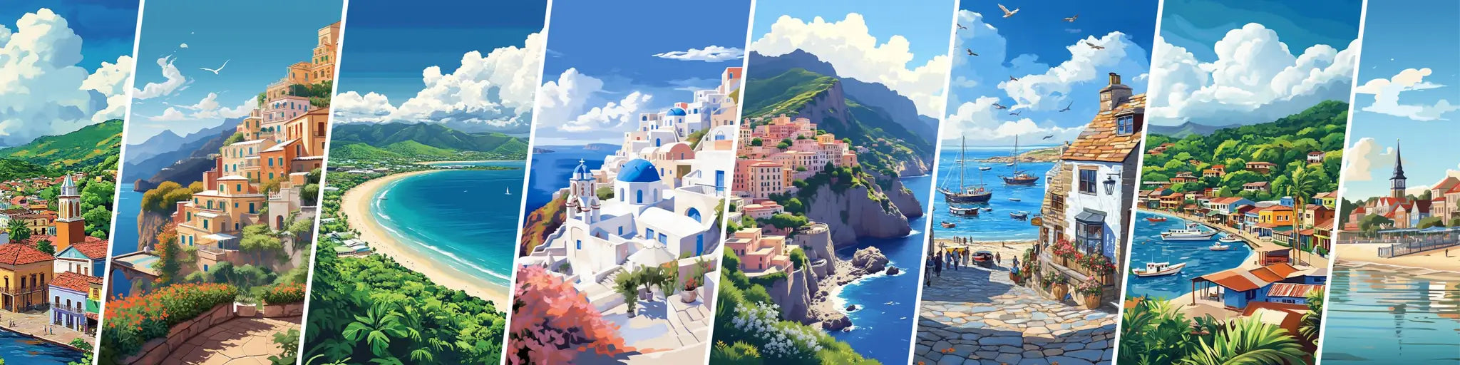 A vibrant collage of coastal and Mediterranean travel posters featuring Santorini and cliffside villages representing the ArtfulTravelPast global collection.