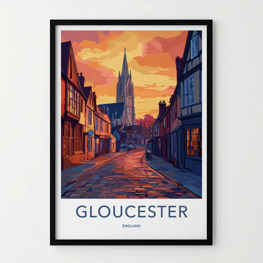 Gloucester Poster - England Travel Art - Sunset Cobblestone Street Wall Decor