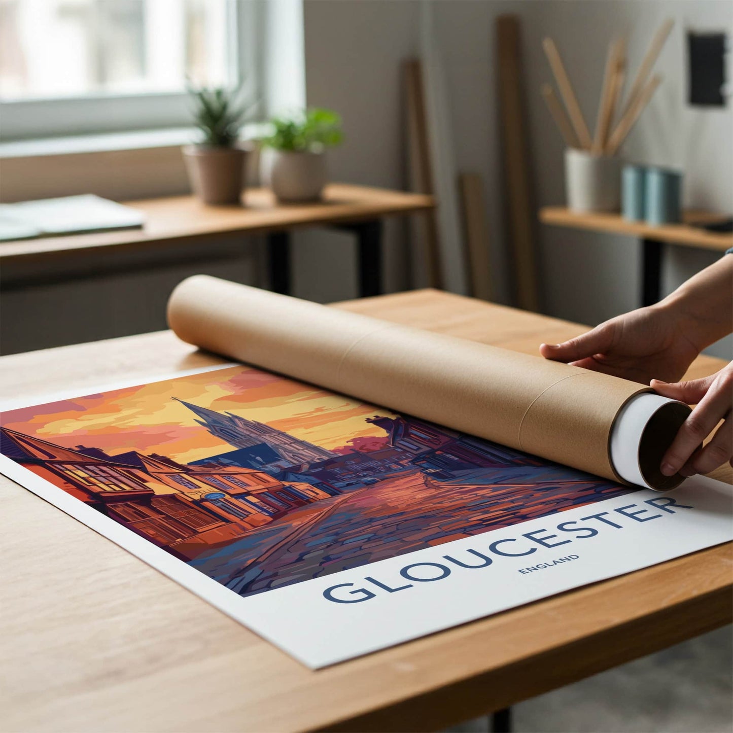Gloucester Poster - England Travel Art - Sunset Cobblestone Street Wall Decor